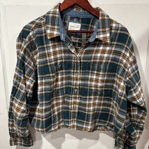 American Eagle Womens Large Flannel Plaid Shirt Cropped Long Sleeve S 306